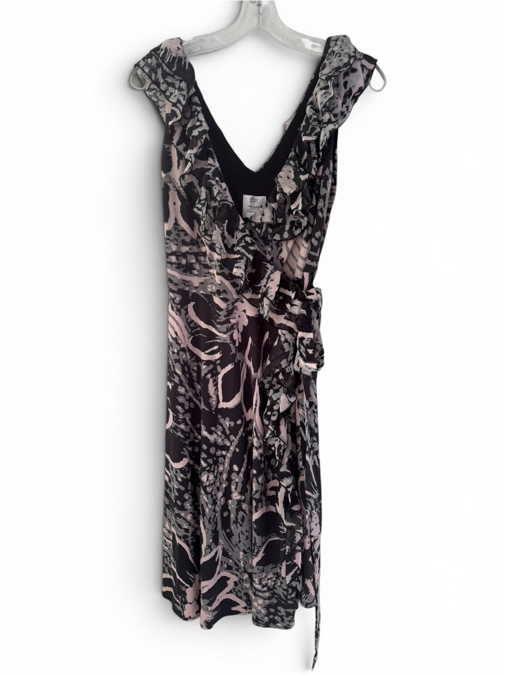 Suzi Chin for Maggy Boutique Wrap Dress Grey Blush Pink Chiffon Ruffle Trim 2